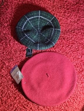 New Vintage Two Wool Berets - Green Plaid & Red